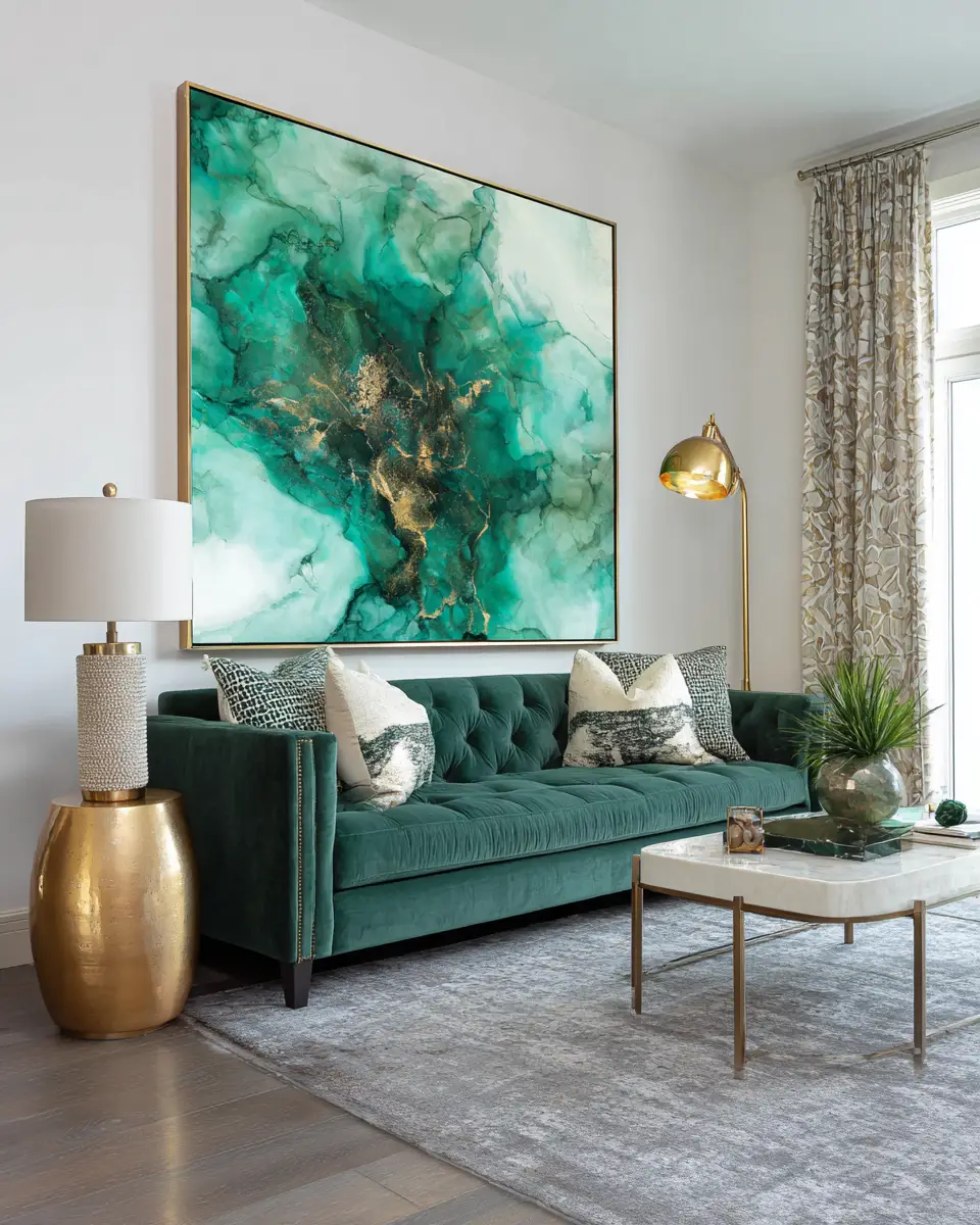Emerald Green Transitional Living Room Decor Ideas