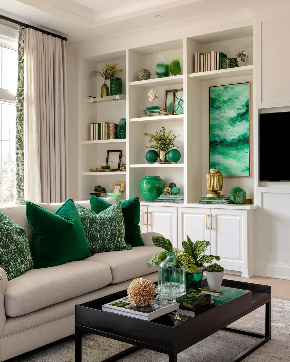 Emerald Green Transitional Living Room Decor Ideas