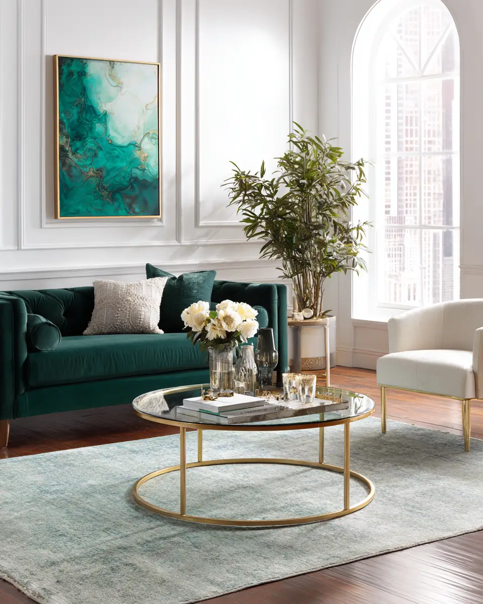 Emerald Green Transitional Living Room Decor Ideas