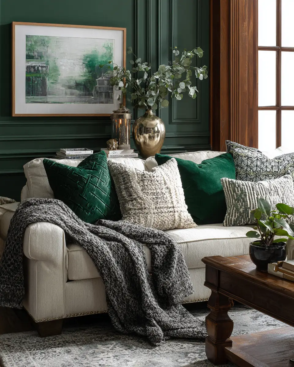 Emerald Green Transitional Living Room Decor Ideas