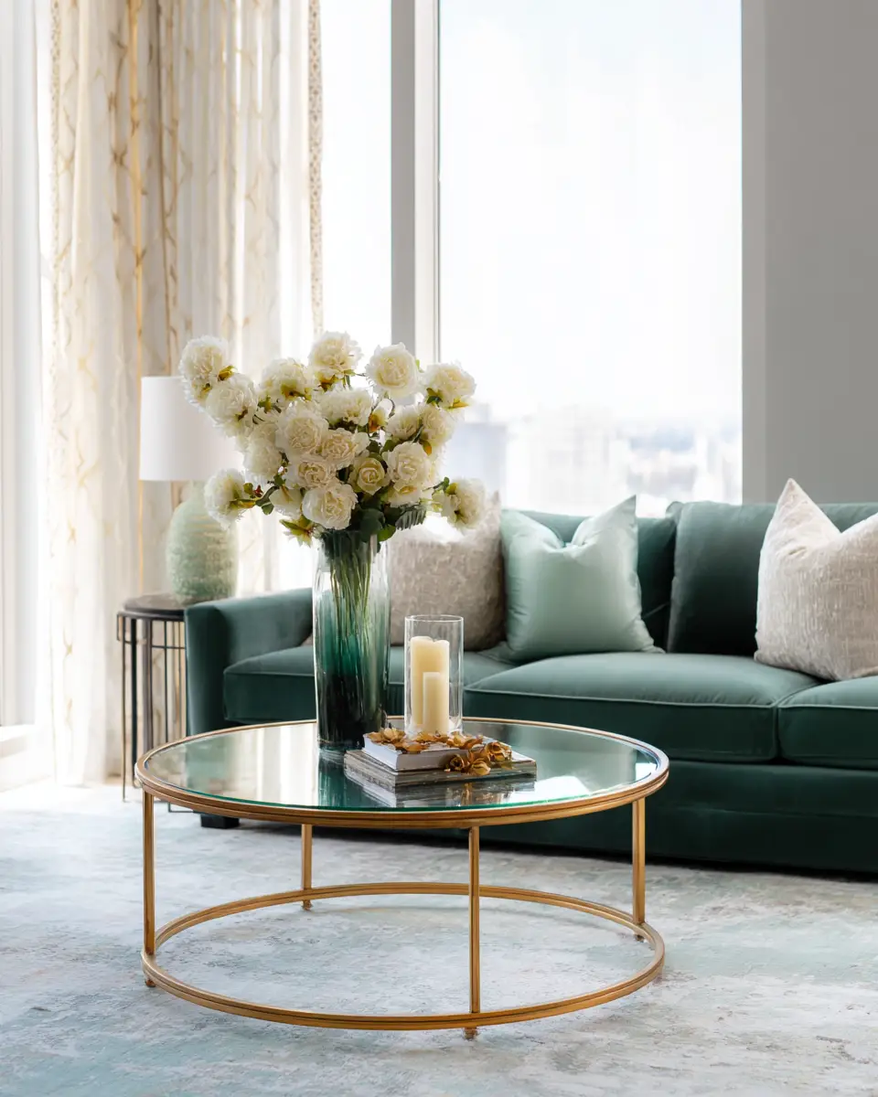 Emerald Green Transitional Living Room Decor Ideas