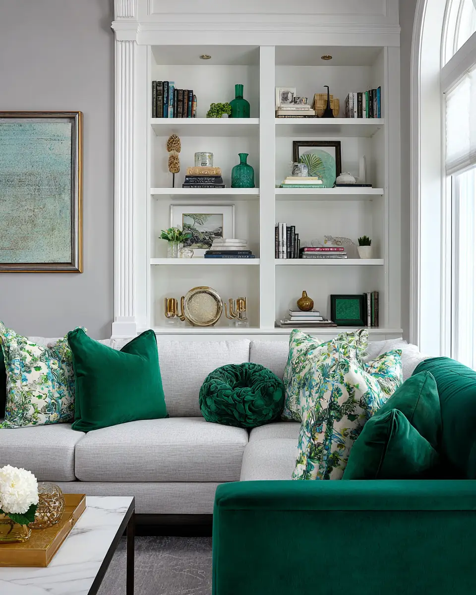 Emerald Green Transitional Living Room Decor Ideas