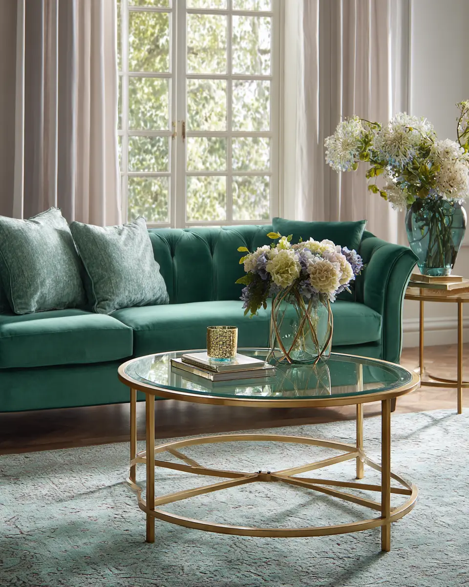 Emerald Green Transitional Living Room Decor Ideas