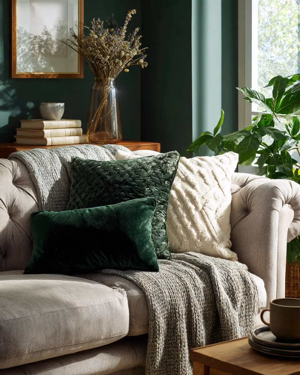Emerald Green Transitional Living Room Decor Ideas
