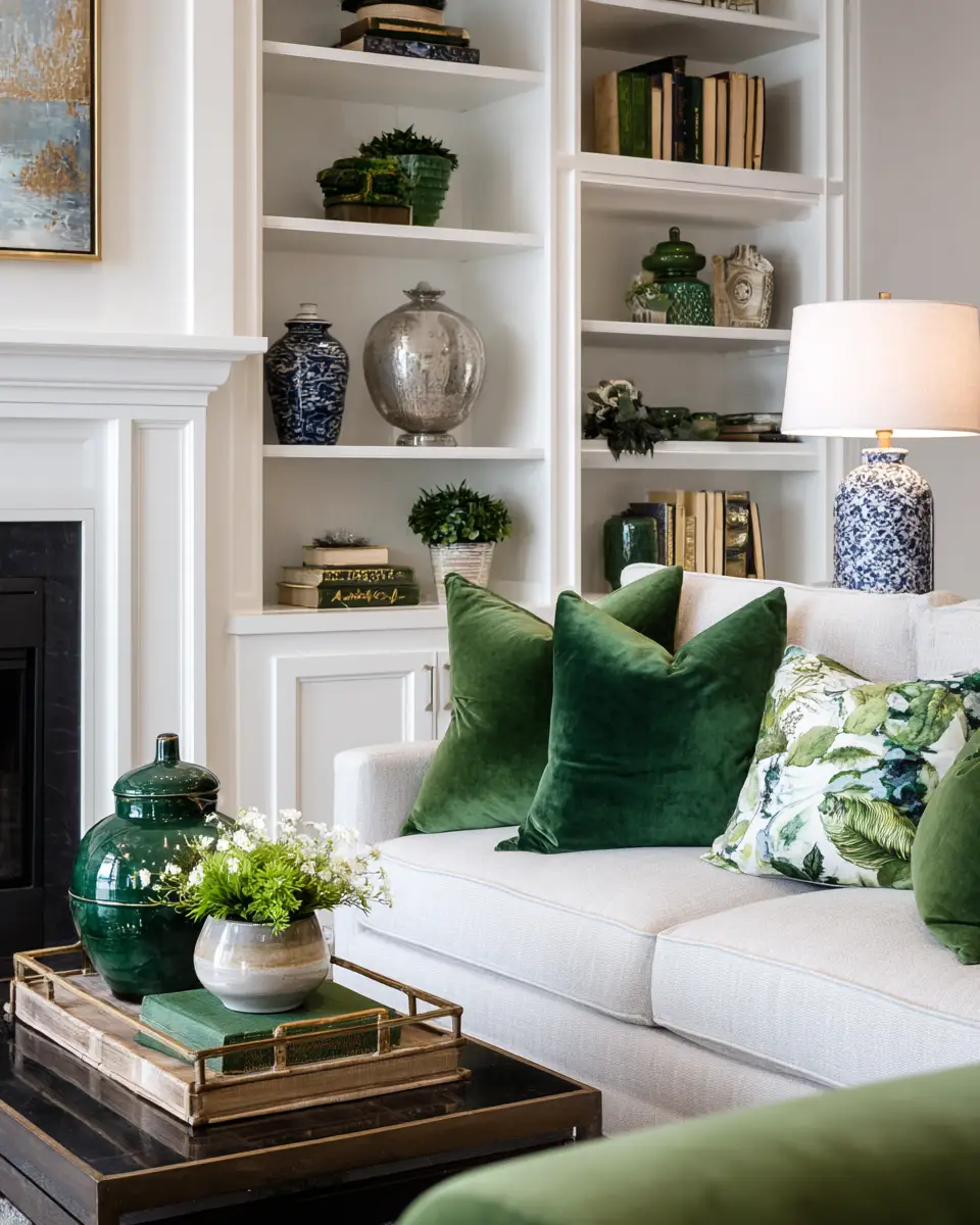 Emerald Green Transitional Living Room Decor Ideas