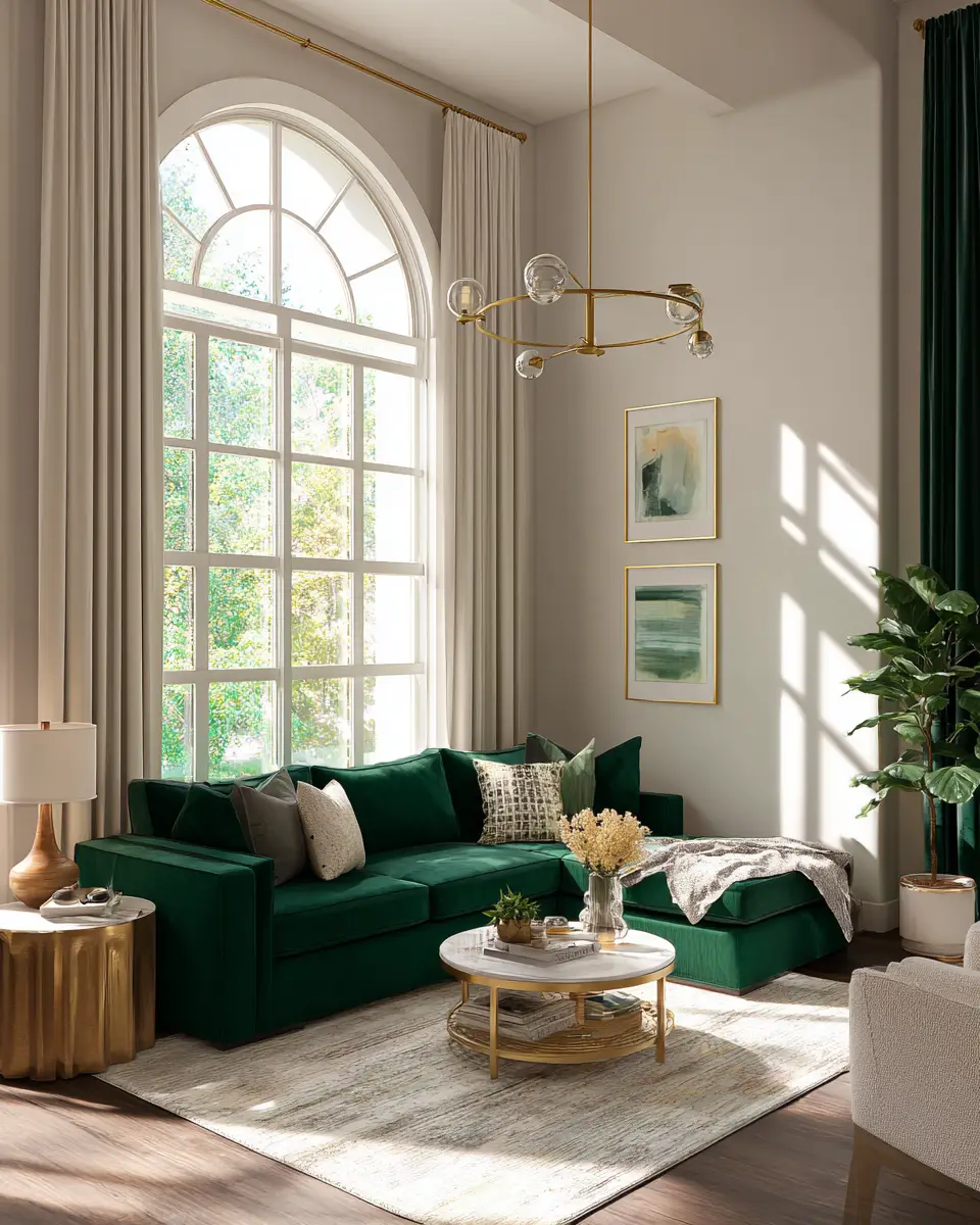 Emerald Green Transitional Living Room Decor Ideas