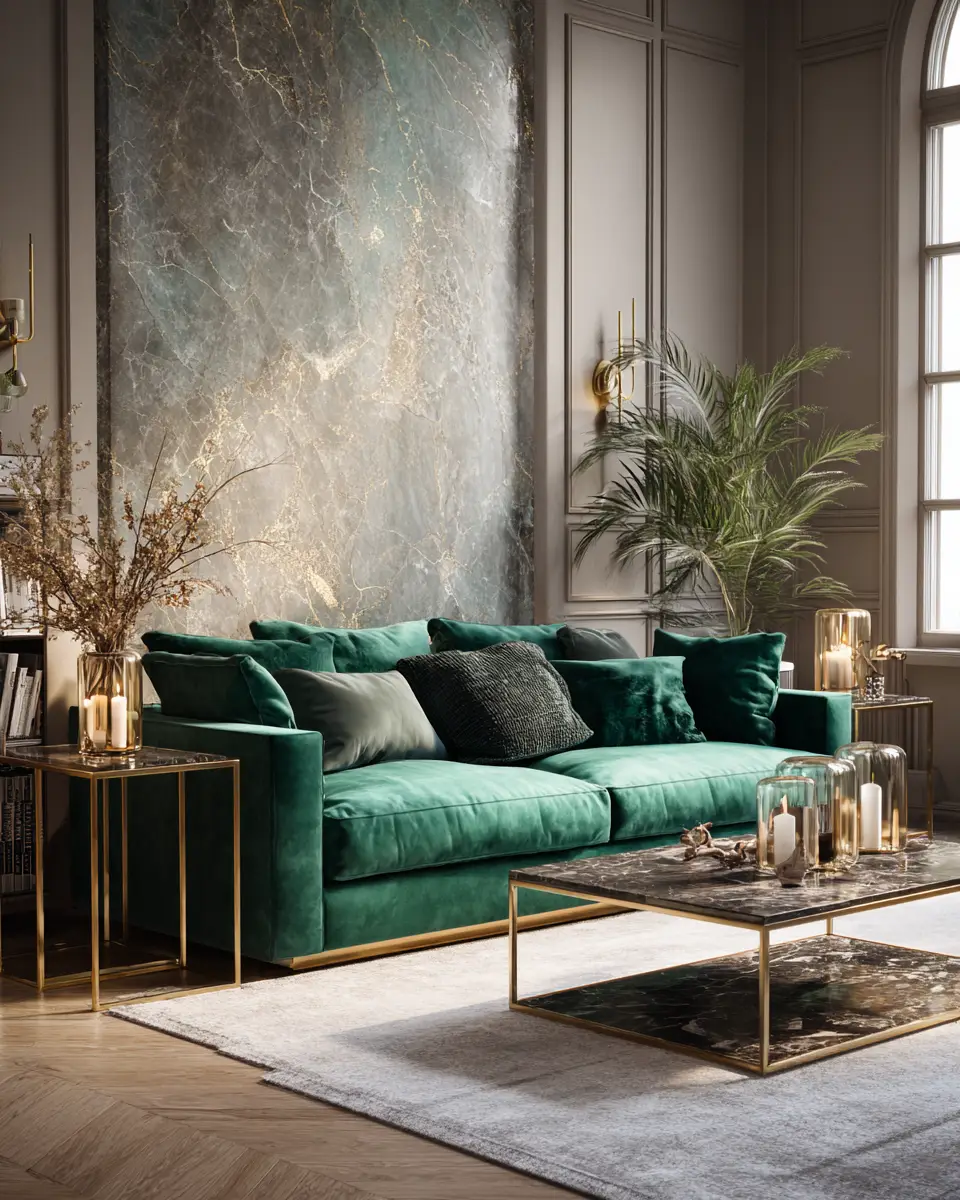Emerald Green Transitional Living Room Decor Ideas