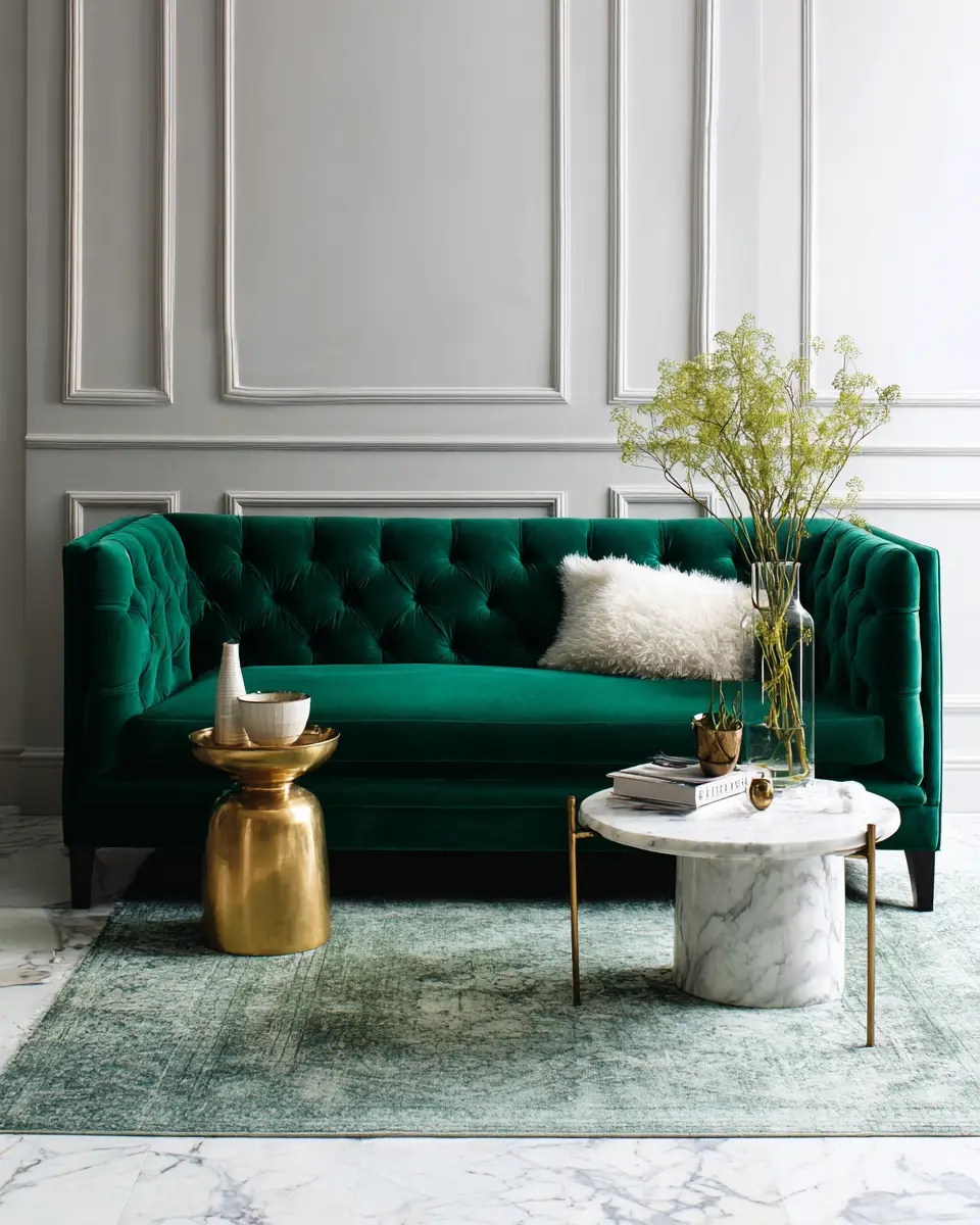 Emerald Green Transitional Living Room Decor Ideas