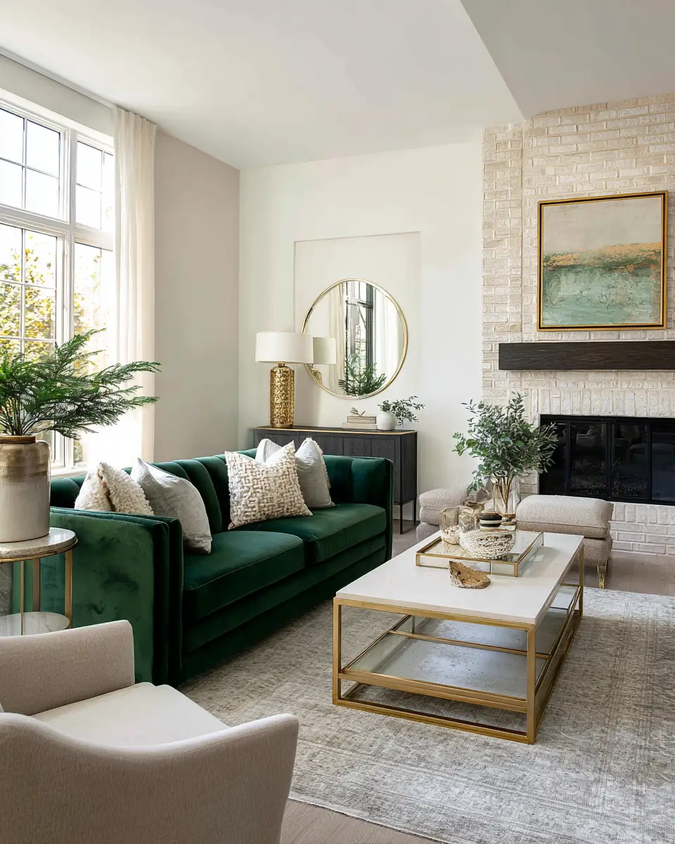 Emerald Green Transitional Living Room Decor Ideas