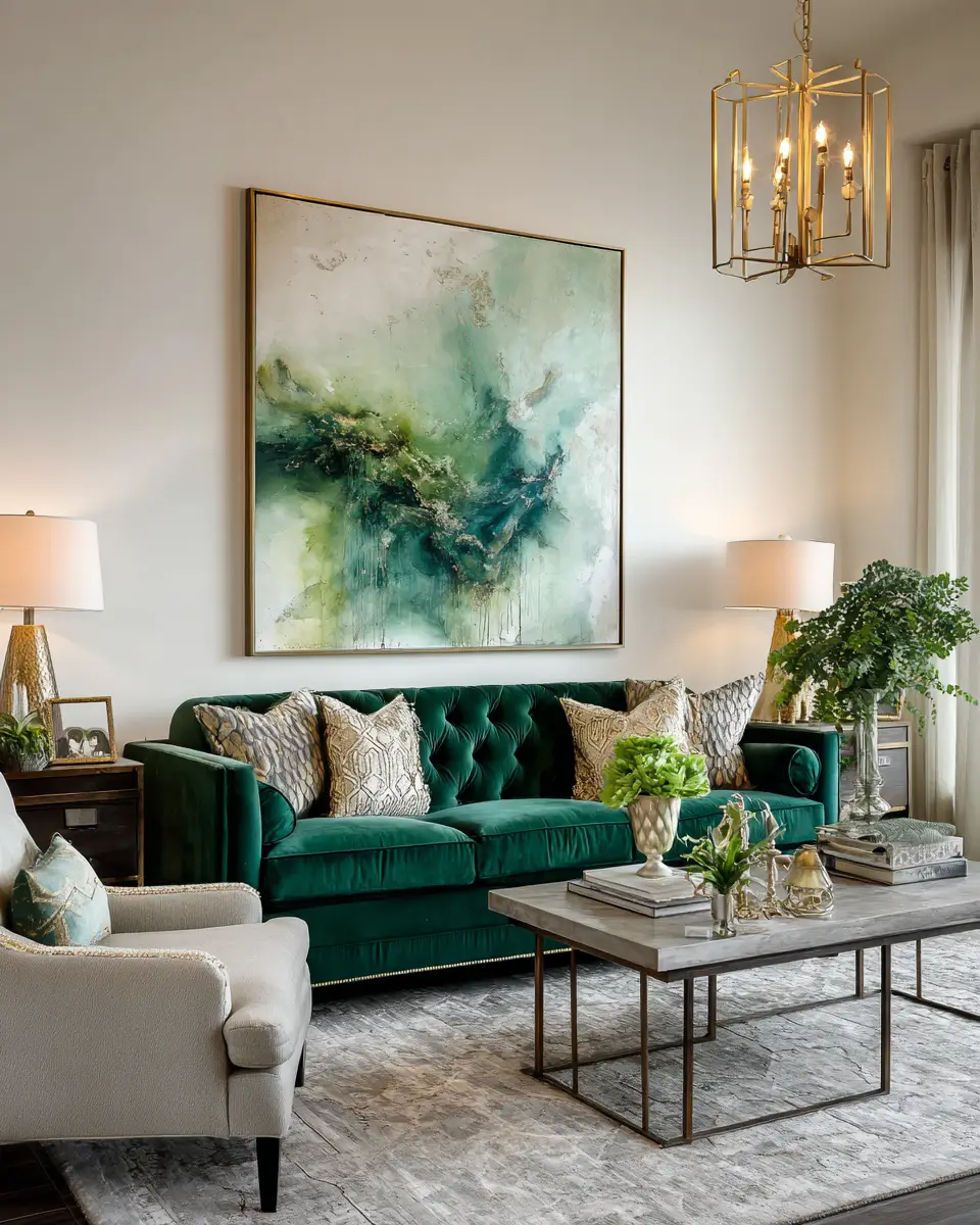 Emerald Green Transitional Living Room Decor Ideas