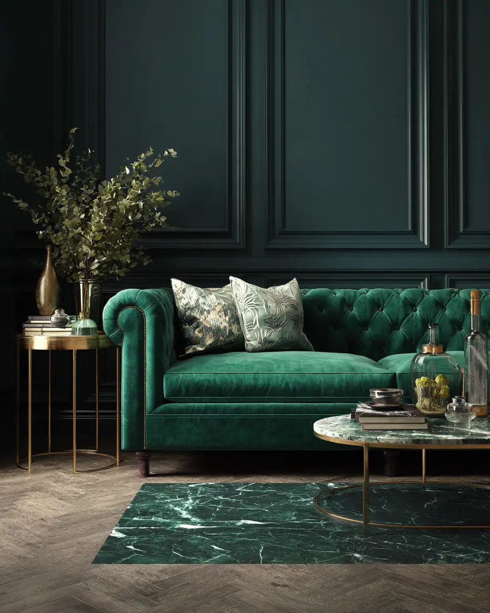 Emerald Green Transitional Living Room Decor Ideas
