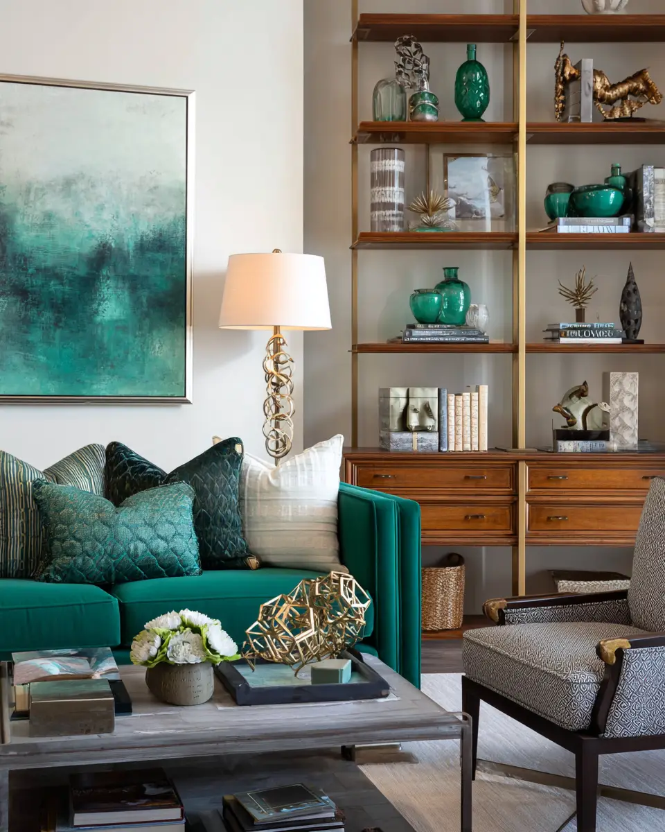 Emerald Green Transitional Living Room Decor Ideas