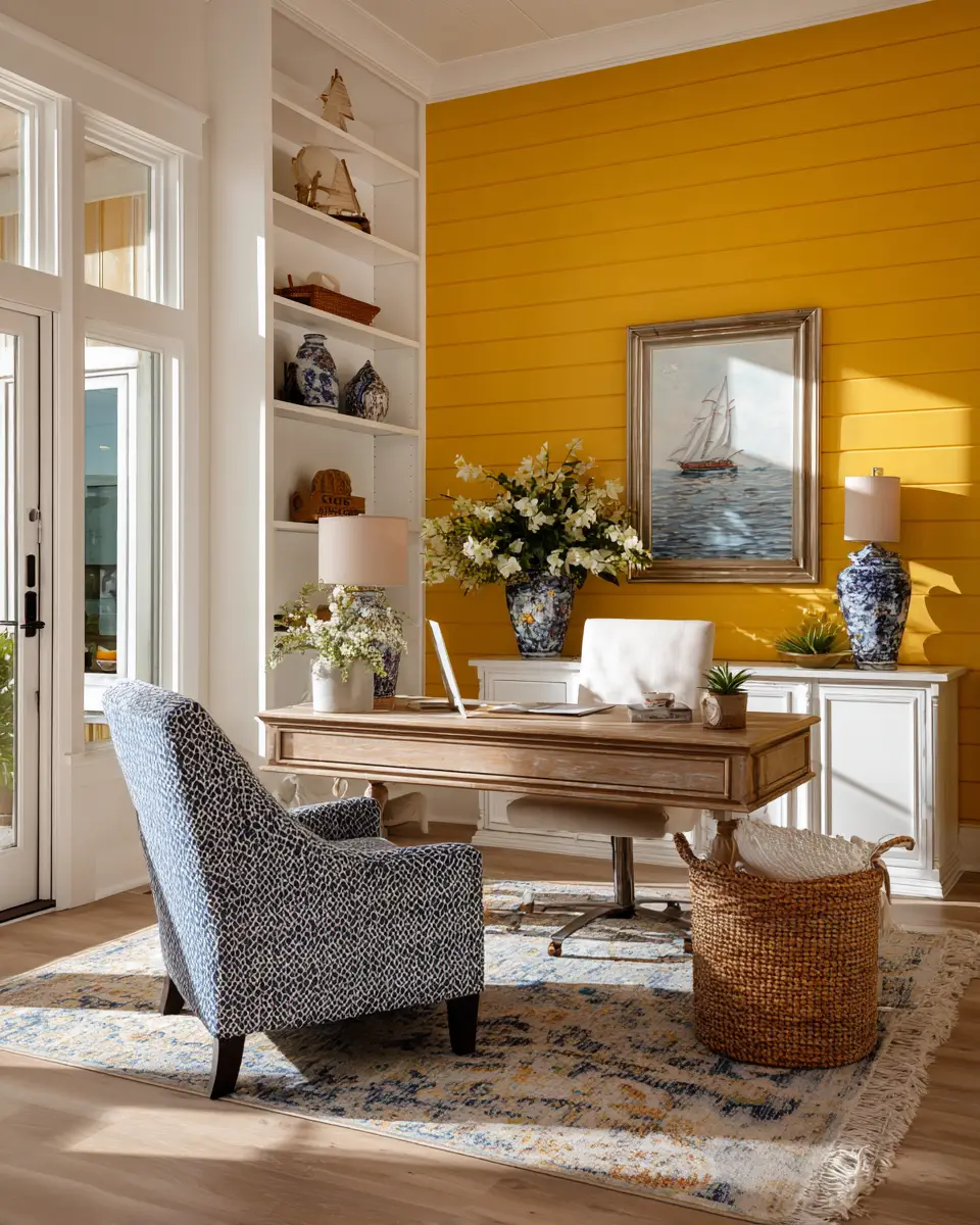 Mustard Yellow Coastal Home Office Decor Ideas - Featured