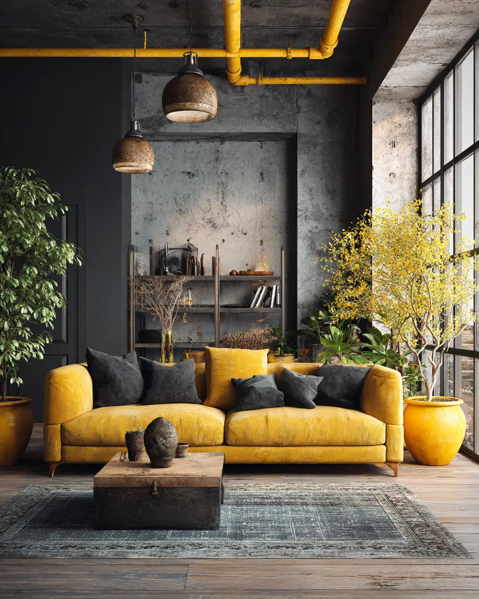 Mustard Yellow Industrial Living Room Decor Ideas