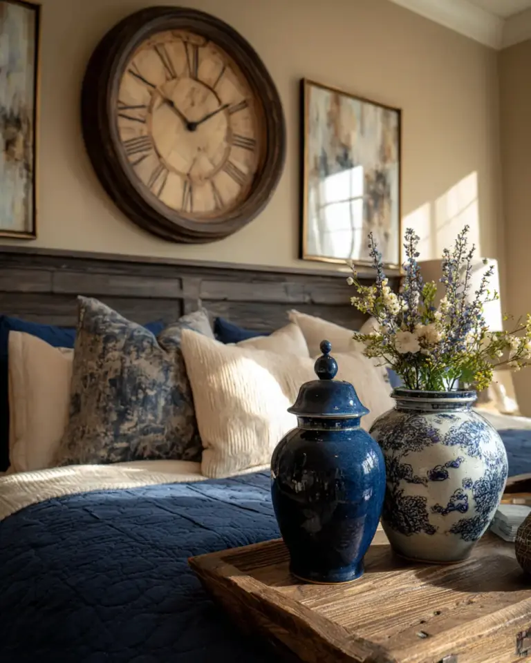 Navy Farmhouse Bedroom Decor Ideas - Featured