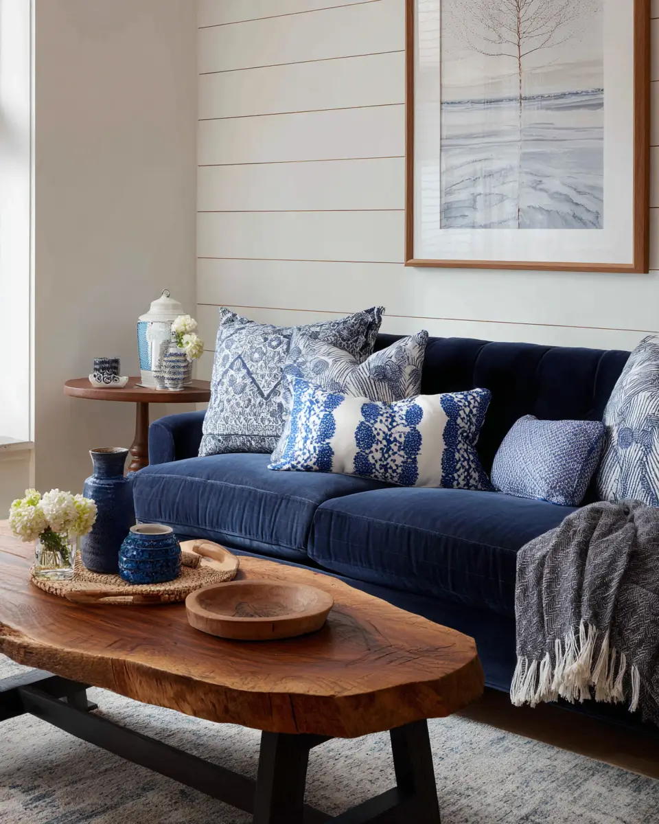 Navy Farmhouse Living Room Decor Ideas - Featured