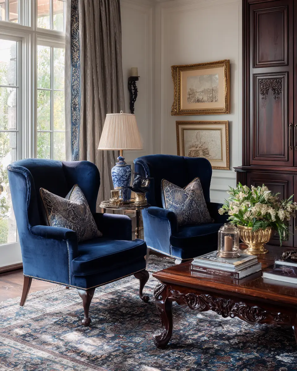 Navy Traditional Living Room Decor Ideas - Featured