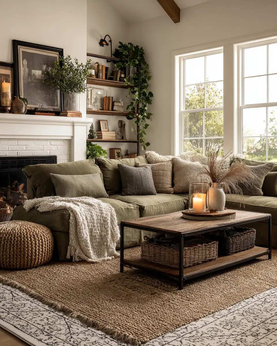 Olive Green Farmhouse Living Room Decor Ideas