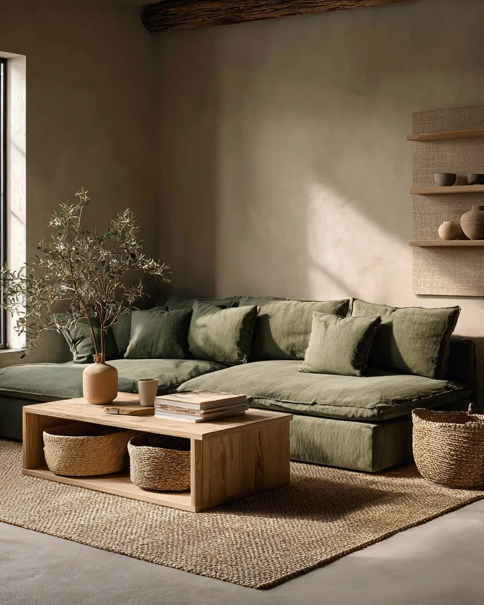 Olive Green Japandi Living Room Decor Ideas