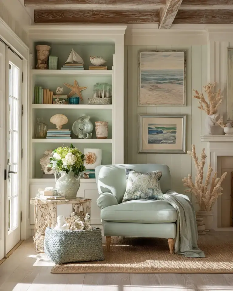 Sage Green Coastal Living Room Decor Ideas - Featured