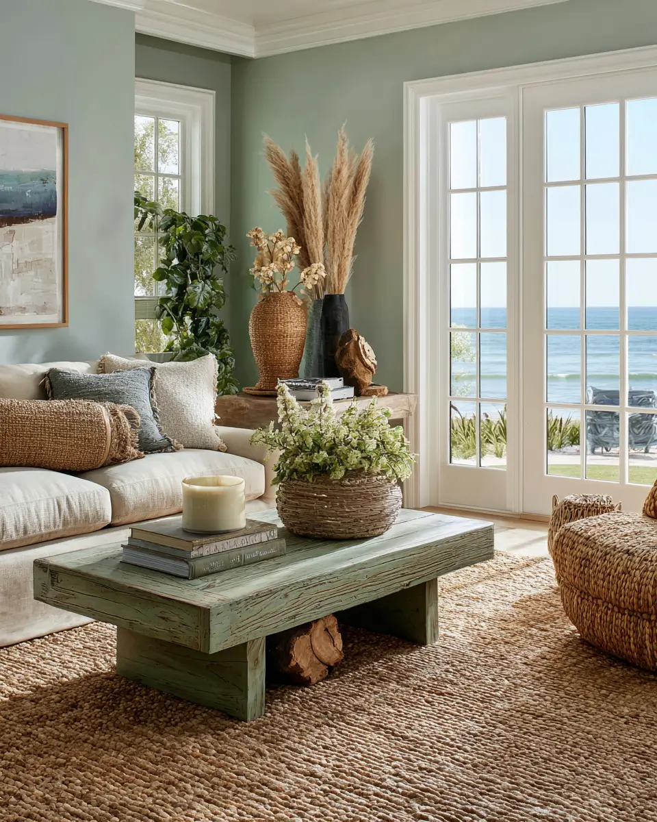 Sage Green Coastal Living Room Decor Ideas