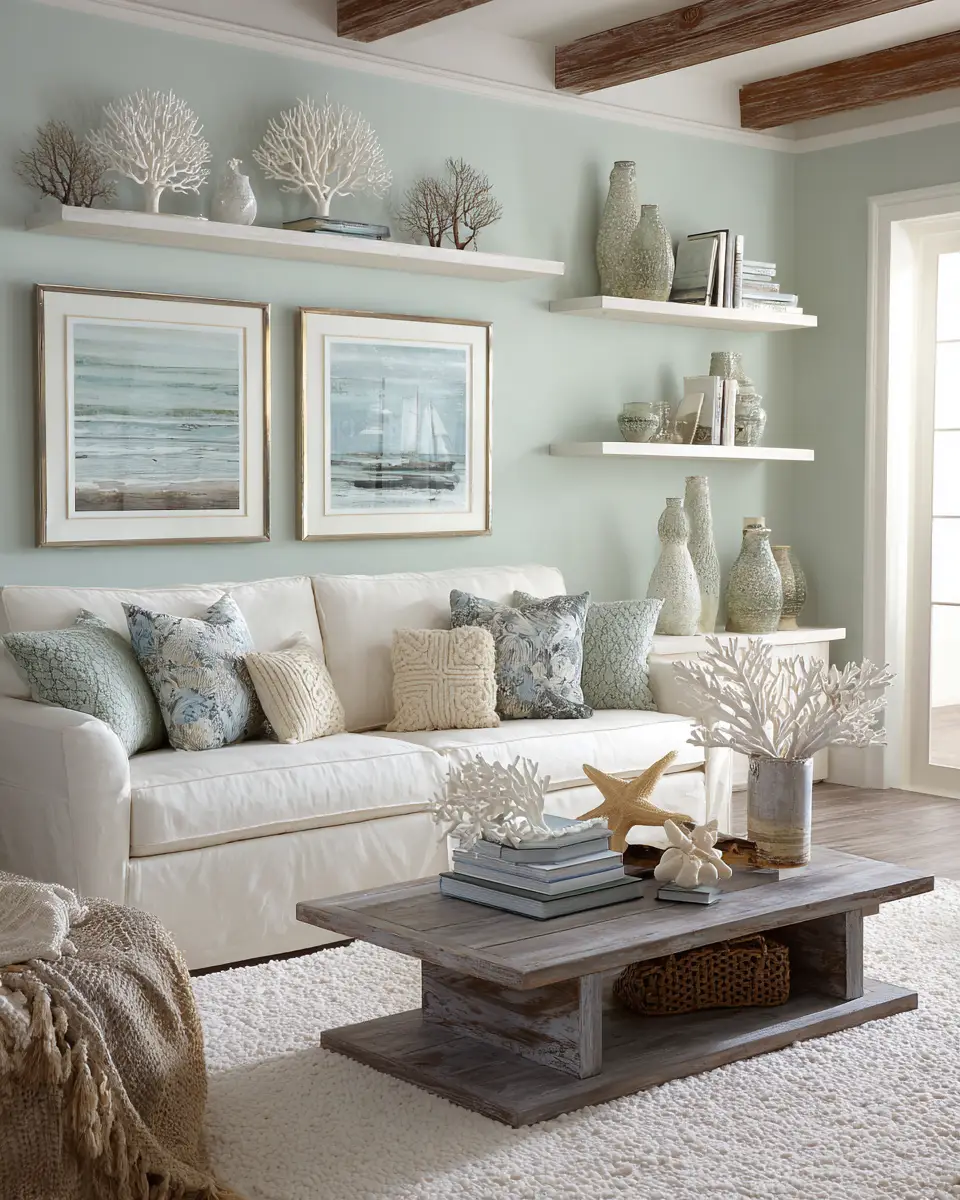 Sage Green Coastal Living Room Decor Ideas