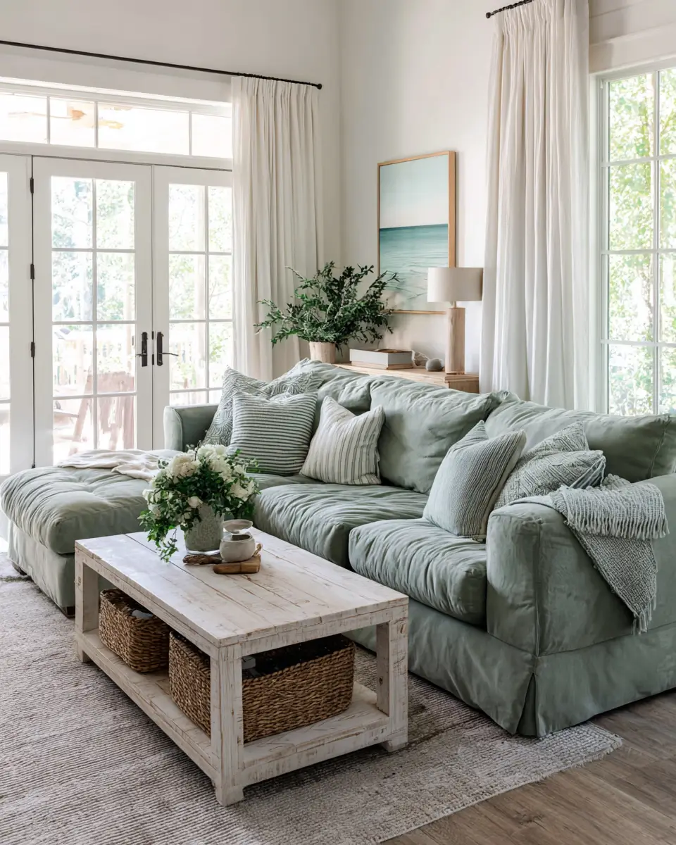 Sage Green Coastal Living Room Decor Ideas