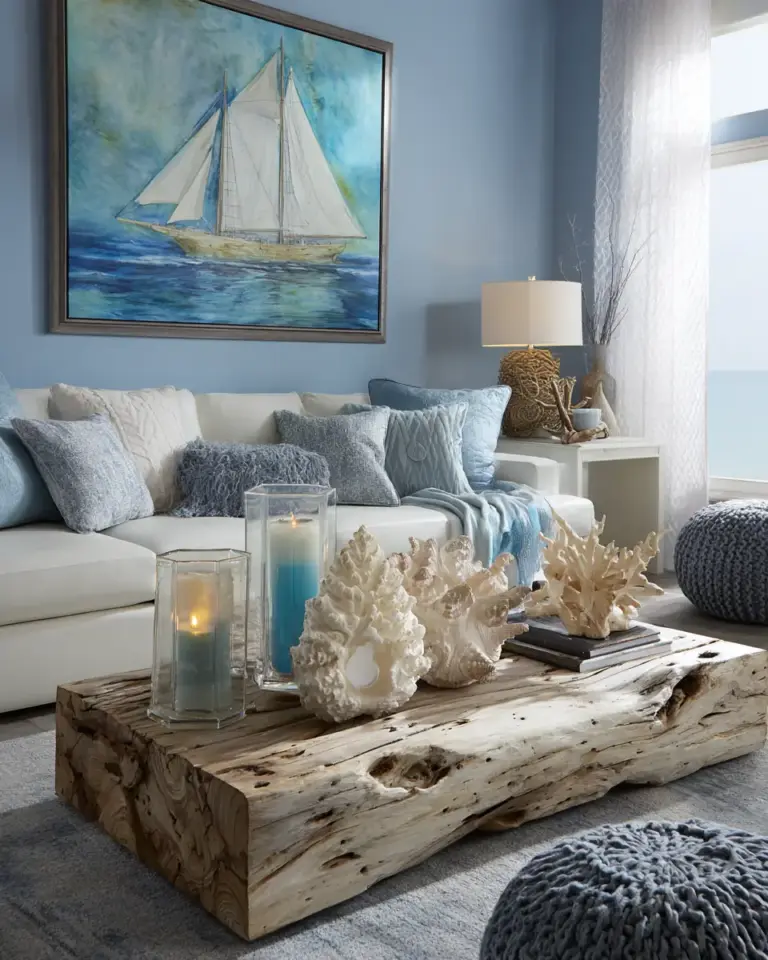 Sky Blue Coastal Living Room Decor Ideas - Featured