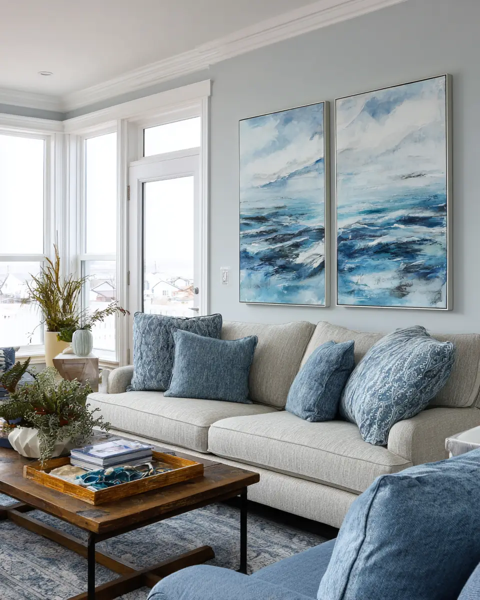 Sky Blue Coastal Living Room Decor Ideas