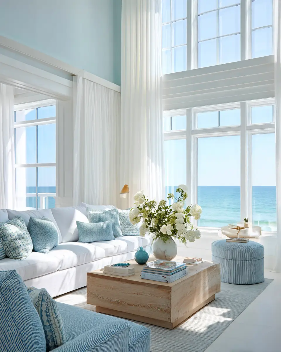 Sky Blue Coastal Living Room Decor Ideas