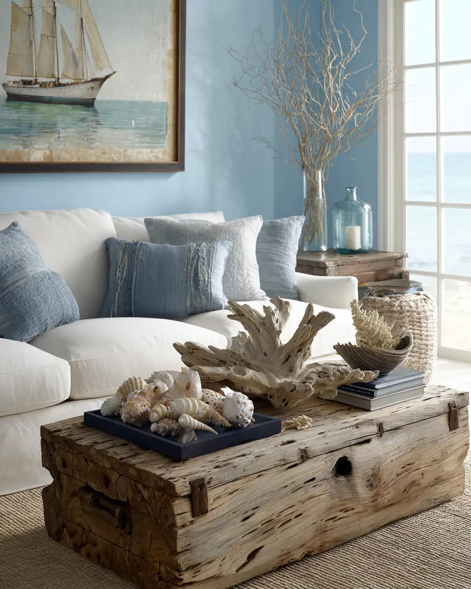 Sky Blue Coastal Living Room Decor Ideas