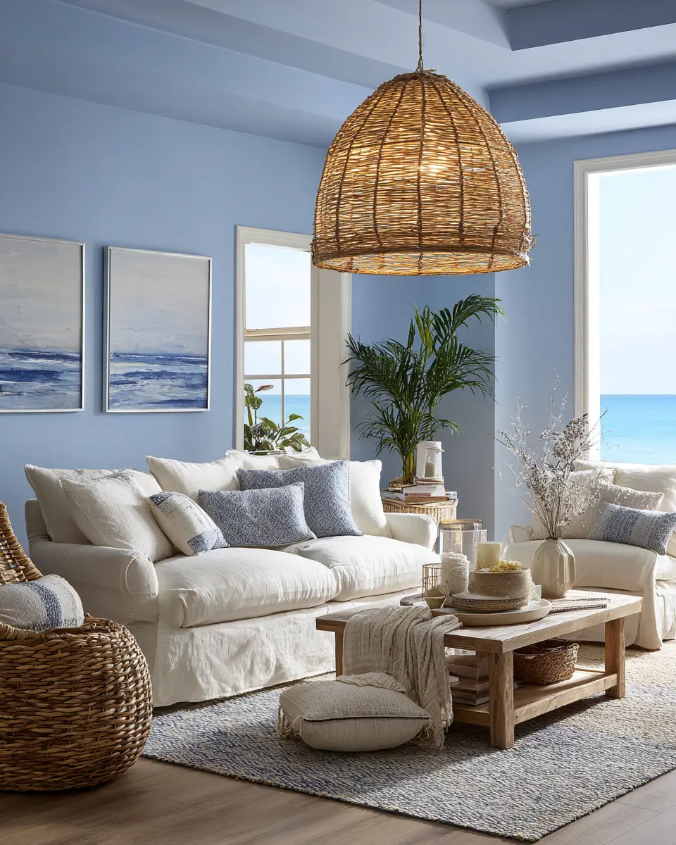Sky Blue Coastal Living Room Decor Ideas