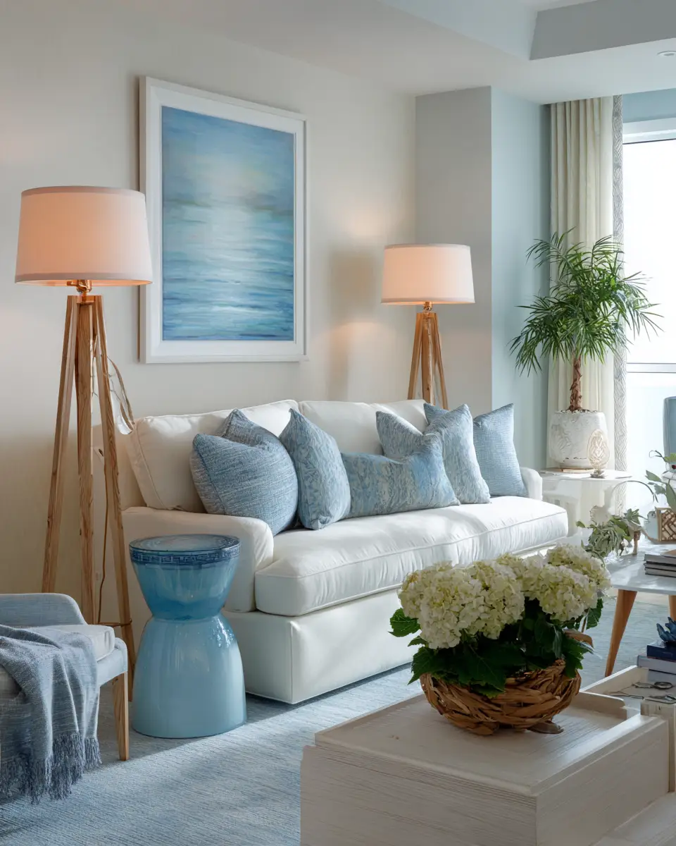 Sky Blue Coastal Living Room Decor Ideas