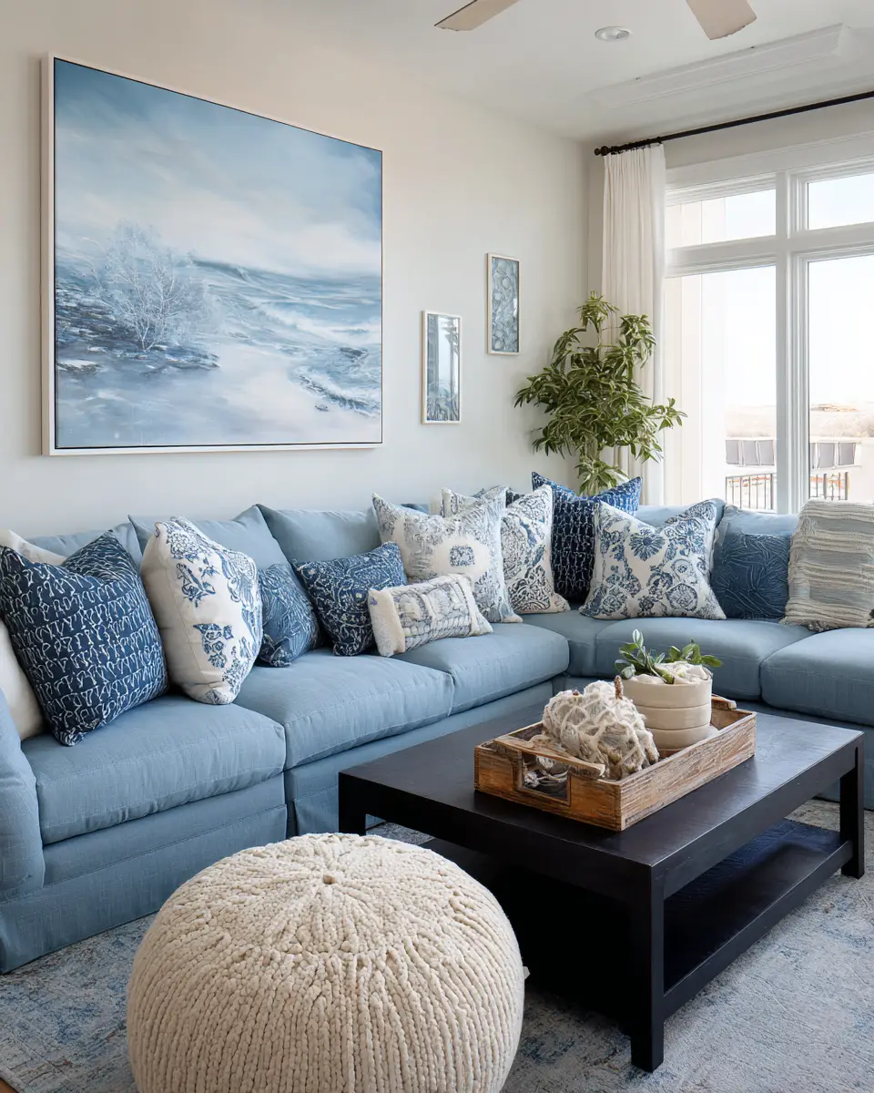 Sky Blue Coastal Living Room Decor Ideas