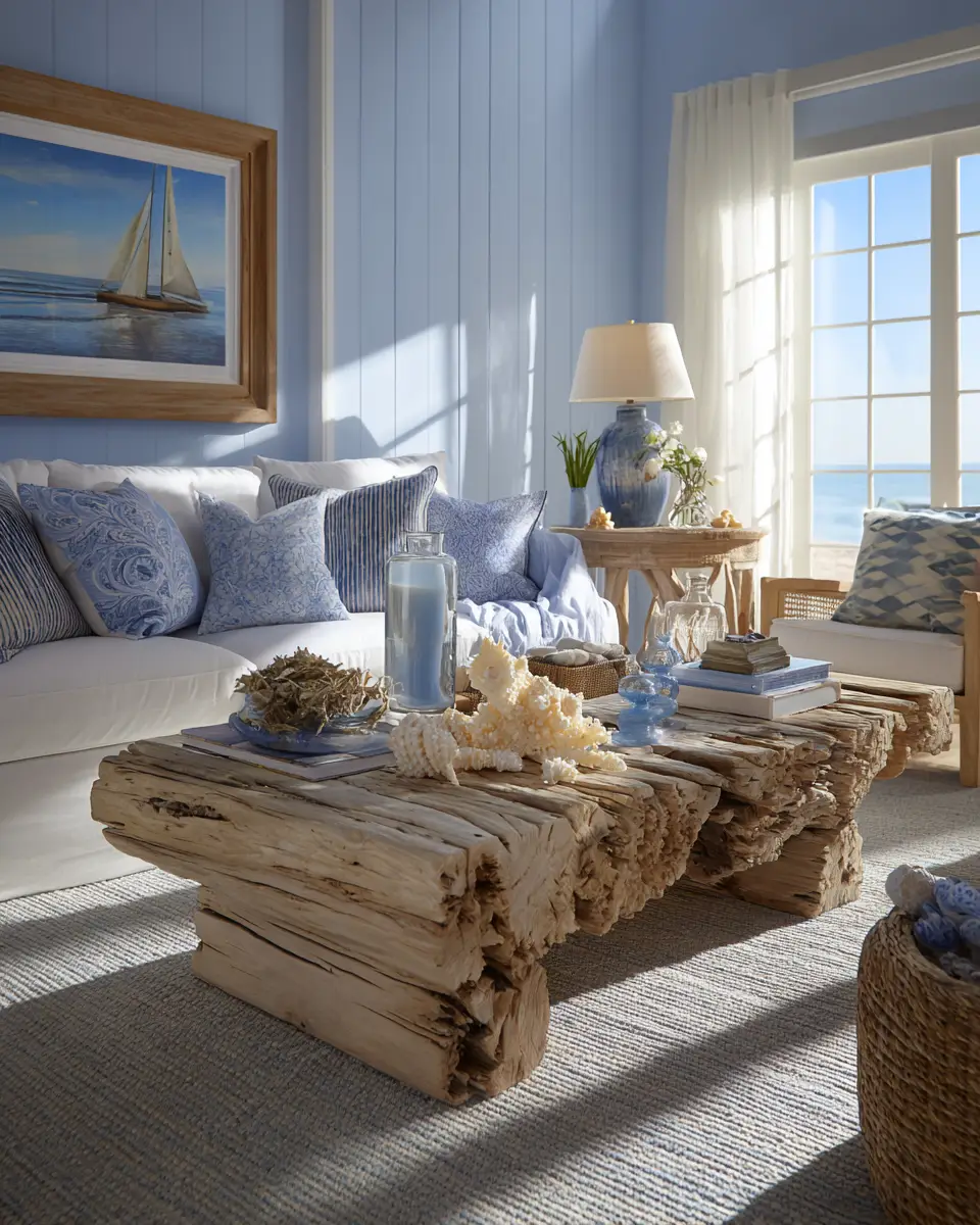 Sky Blue Coastal Living Room Decor Ideas