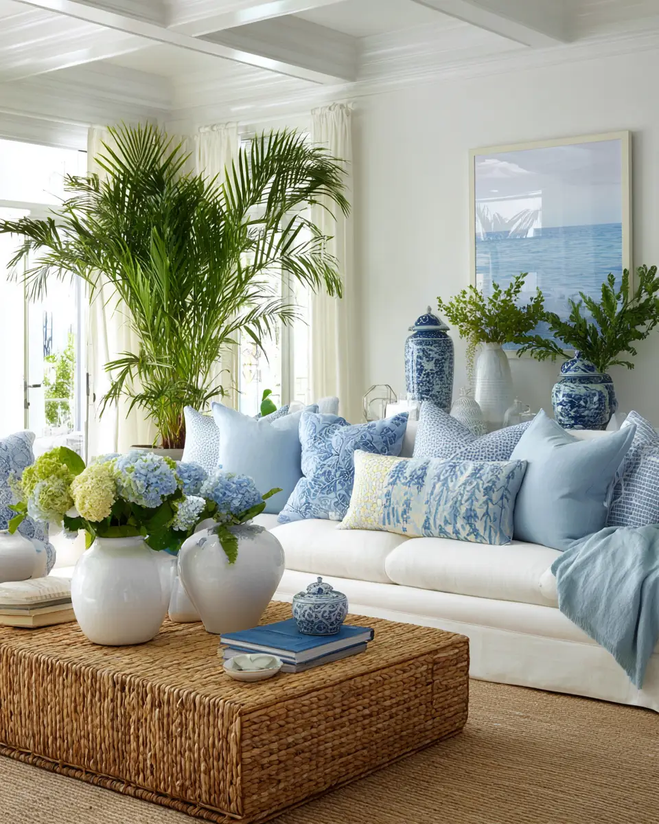 Sky Blue Coastal Living Room Decor Ideas