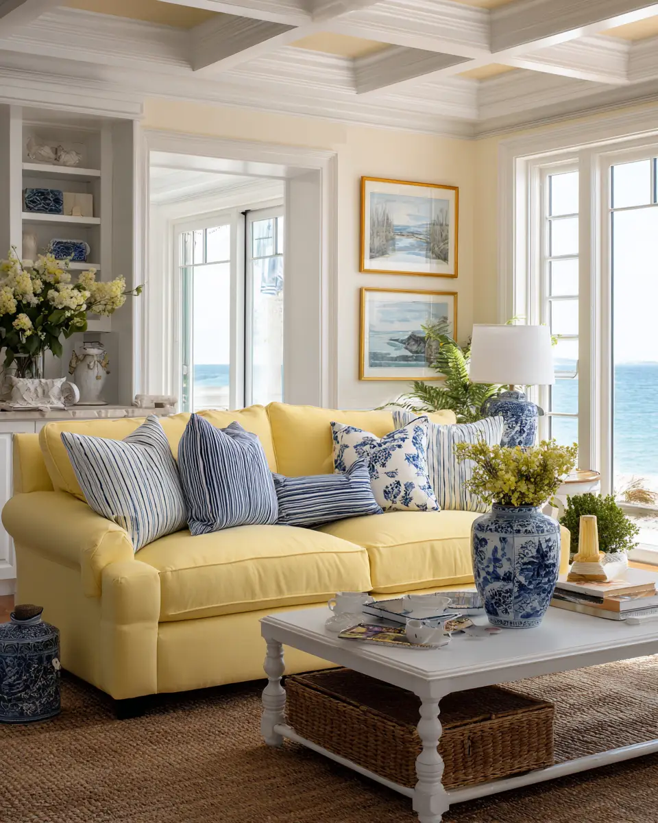 Soft Yellow Coastal Living Room Decor Ideas
