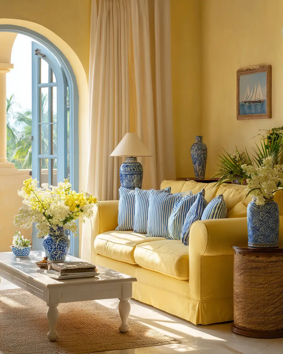 Soft Yellow Coastal Living Room Decor Ideas