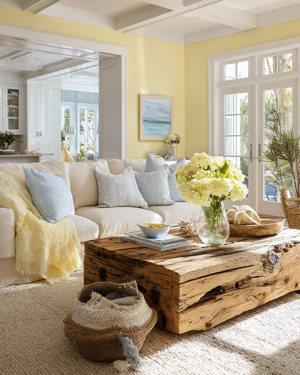 Soft Yellow Coastal Living Room Decor Ideas