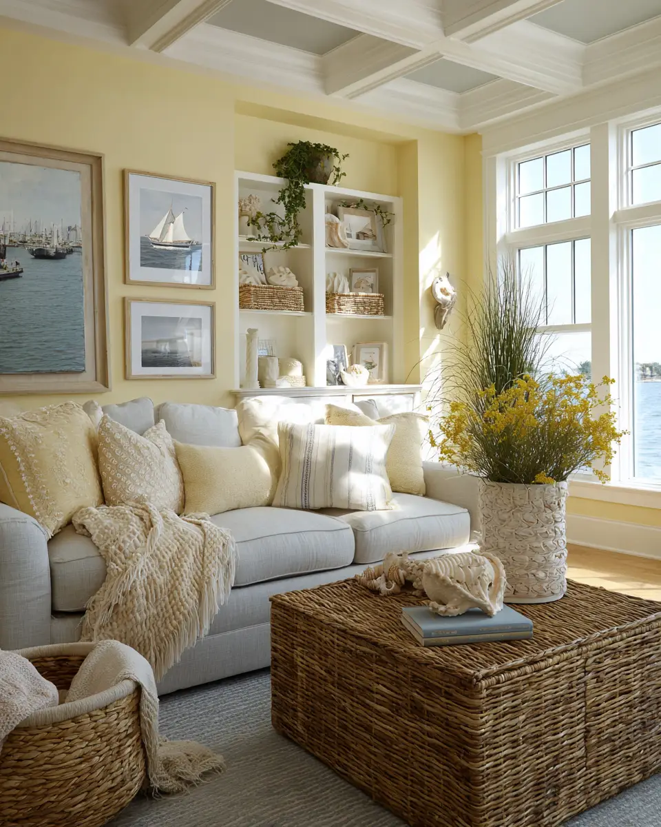 Soft Yellow Coastal Living Room Decor Ideas