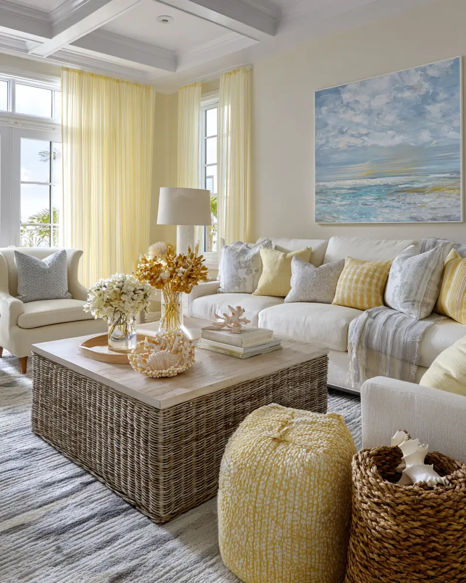 Soft Yellow Coastal Living Room Decor Ideas