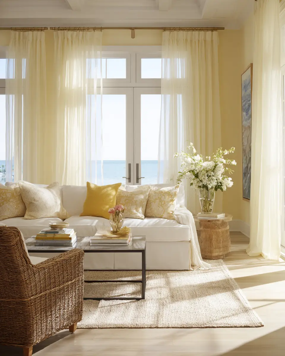 Soft Yellow Coastal Living Room Decor Ideas