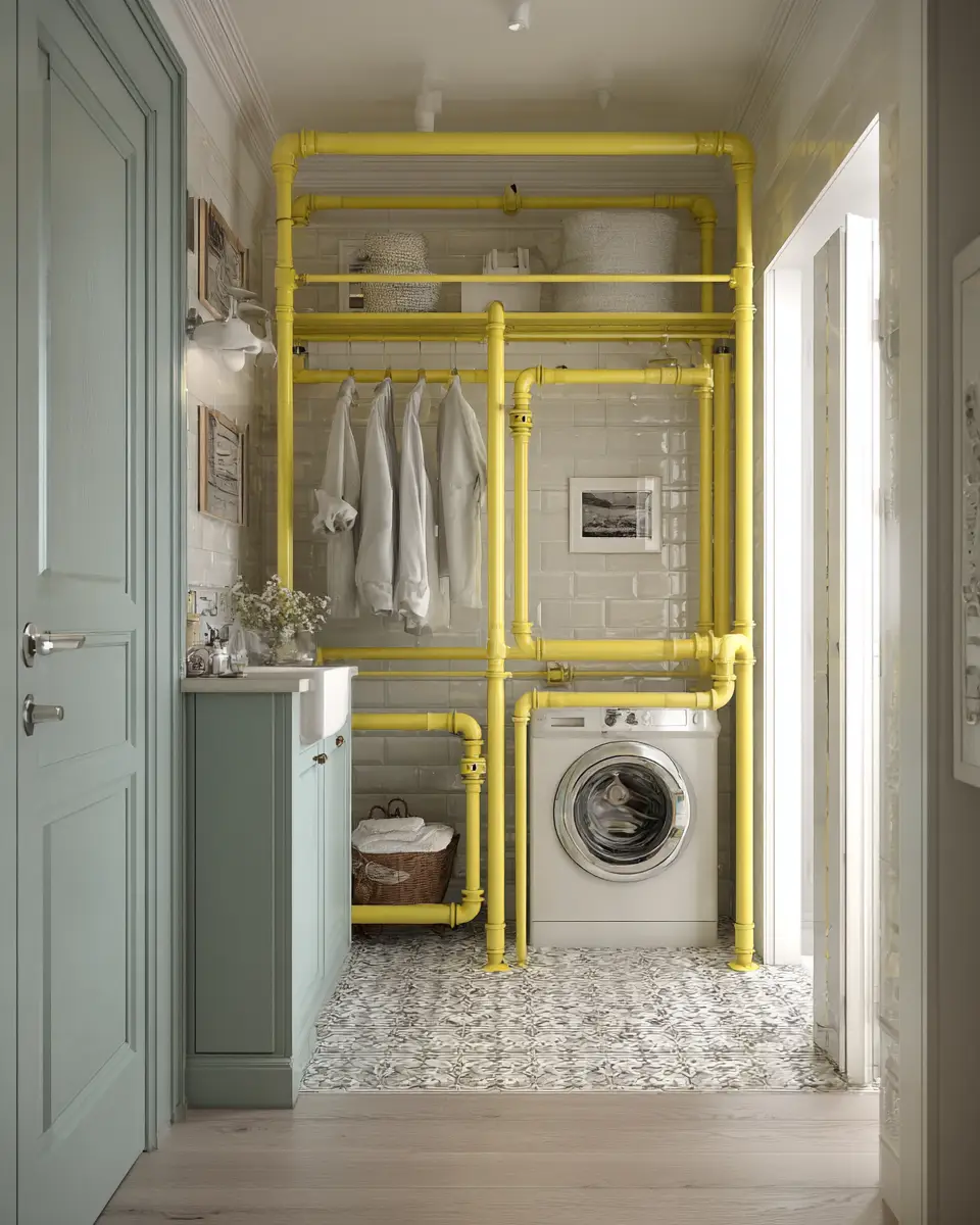 Soft Yellow Industrial Laundry Room Decor Ideas