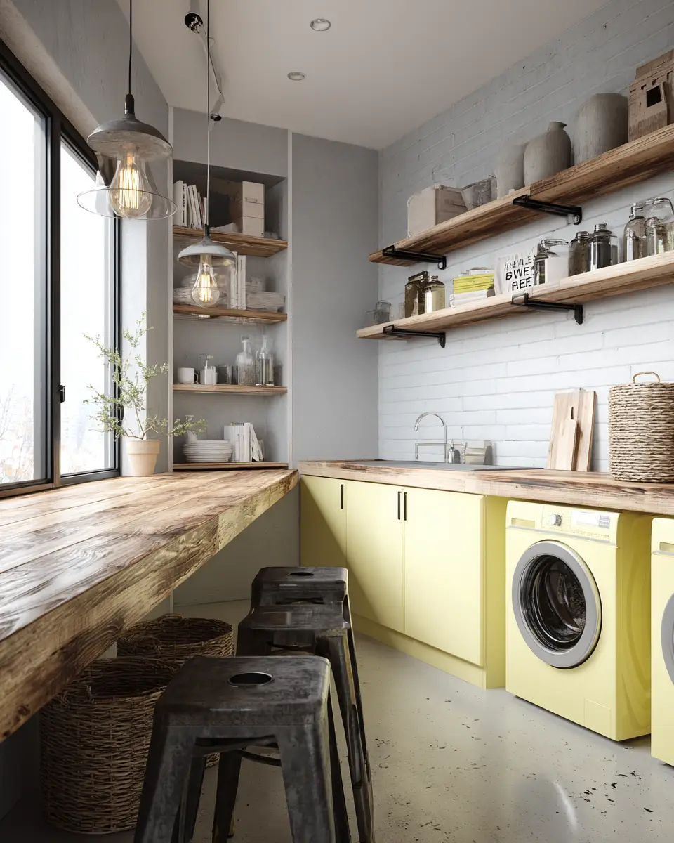 Soft Yellow Industrial Laundry Room Decor Ideas