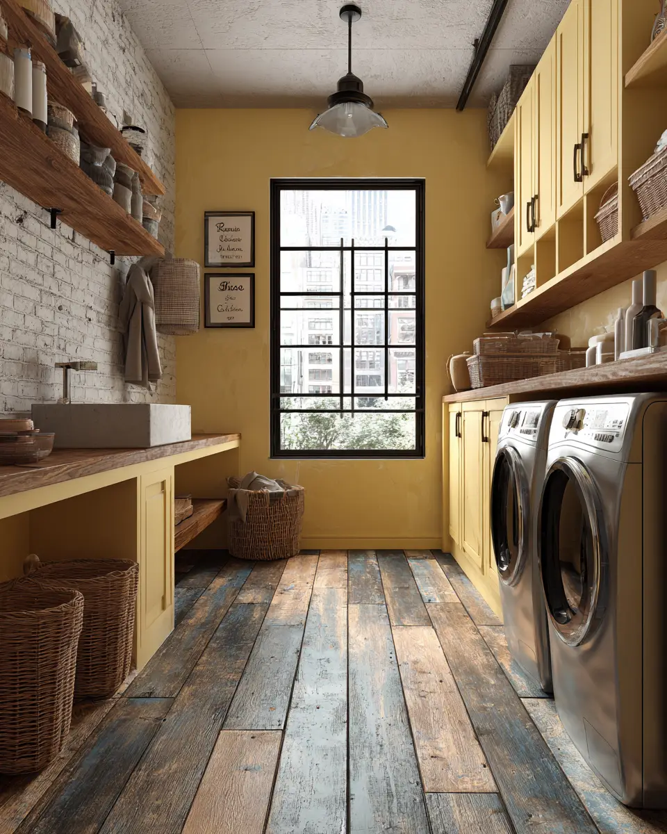 Soft Yellow Industrial Laundry Room Decor Ideas
