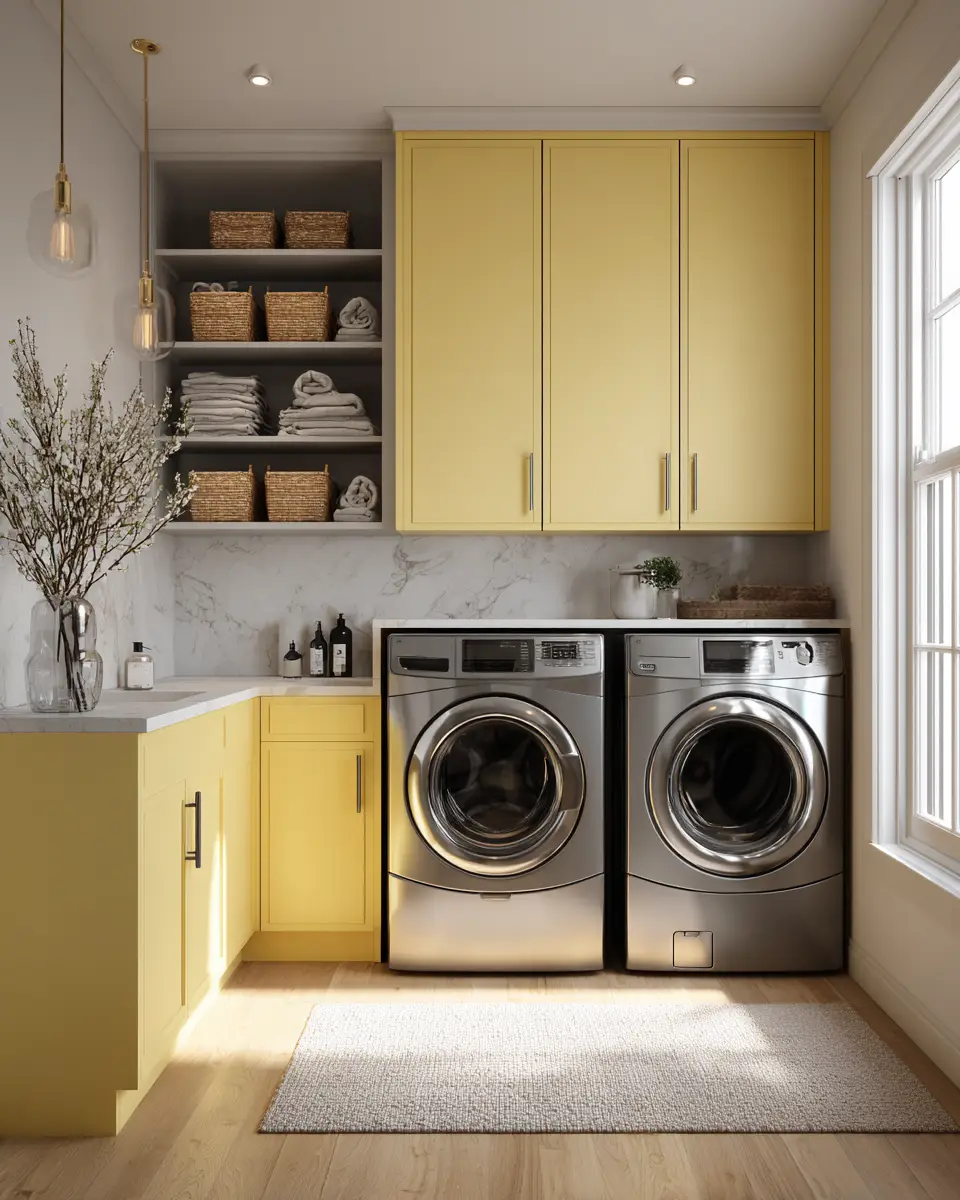 Soft Yellow Industrial Laundry Room Decor Ideas