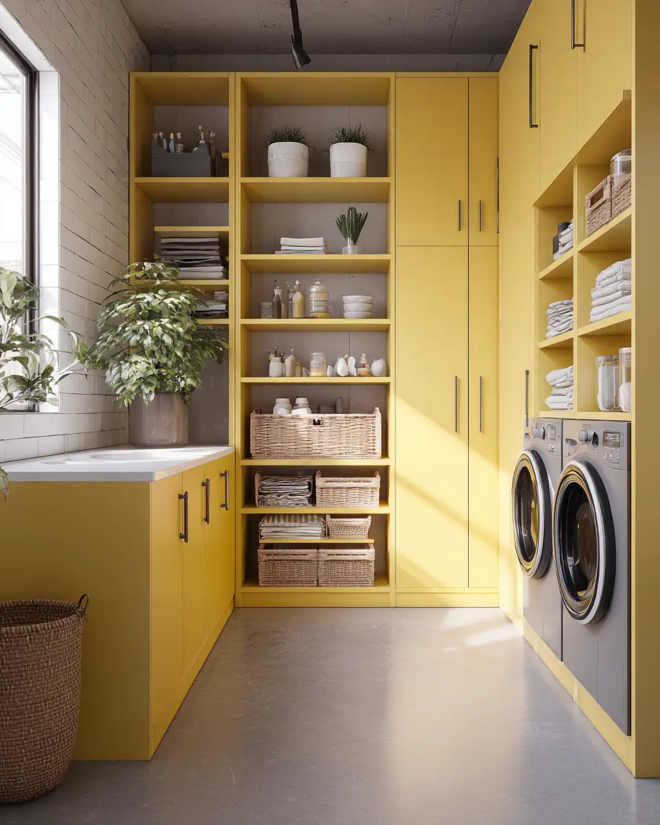 Soft Yellow Industrial Laundry Room Decor Ideas