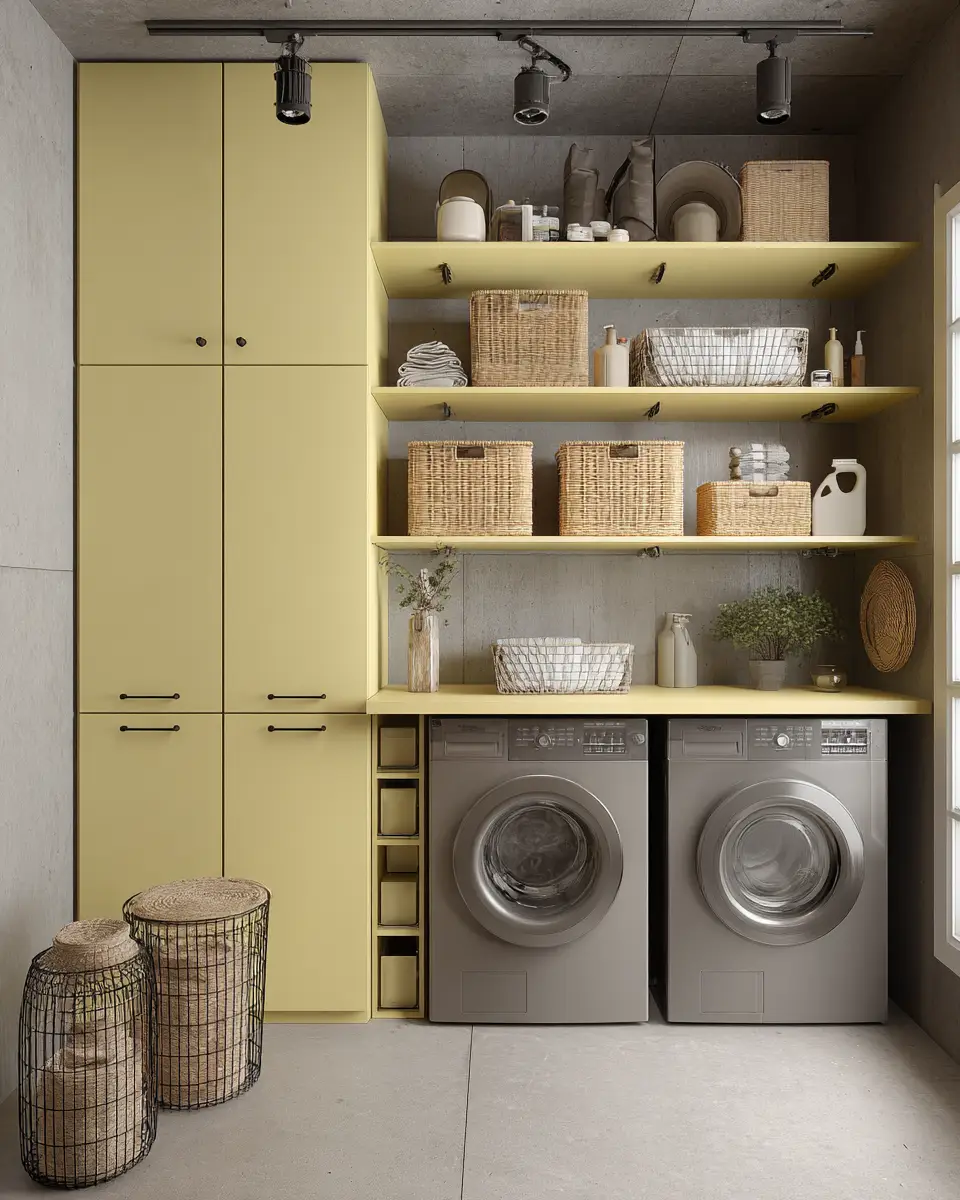 Soft Yellow Industrial Laundry Room Decor Ideas