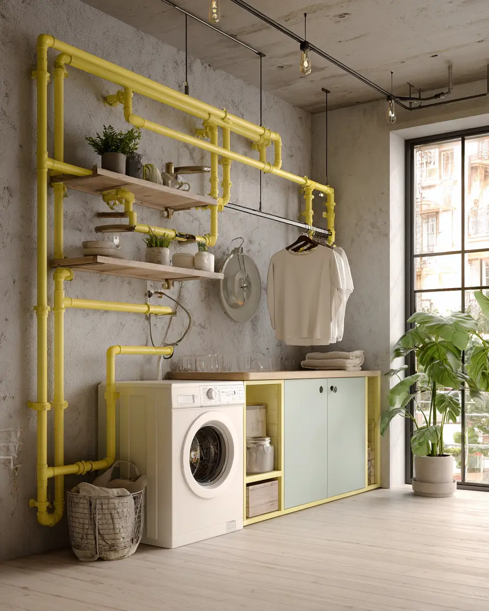 Soft Yellow Industrial Laundry Room Decor Ideas