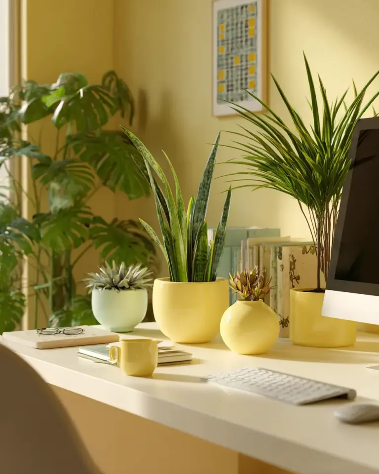 Soft Yellow Minimalist Home Office Decor Ideas - Featured